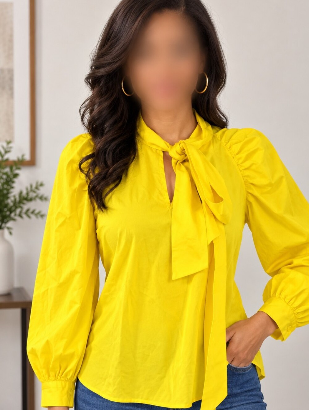 Who What Wear Yellow Tie Neck Puff Long Sleeve Blouse Top Size Small